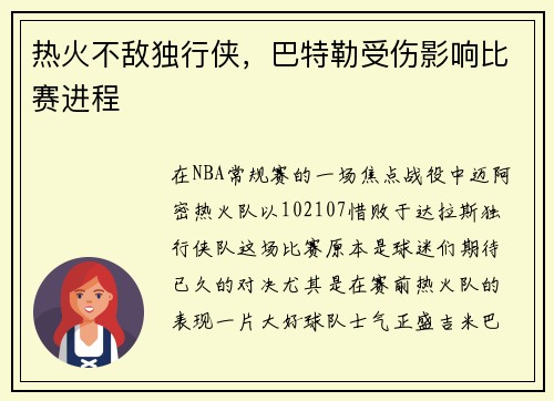 热火不敌独行侠，巴特勒受伤影响比赛进程